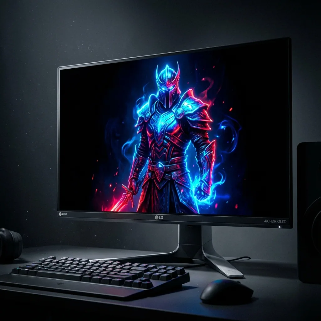 Monitor gamer 4K OLED mostrando jogo HDR com cores vibrantes e pretos perfeitos