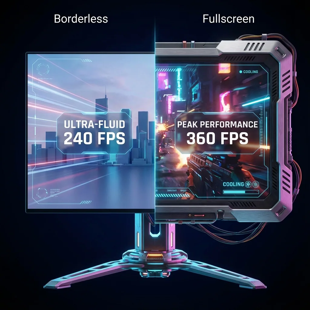 Comparação de performance FPS e latência entre borderless e tela cheia
