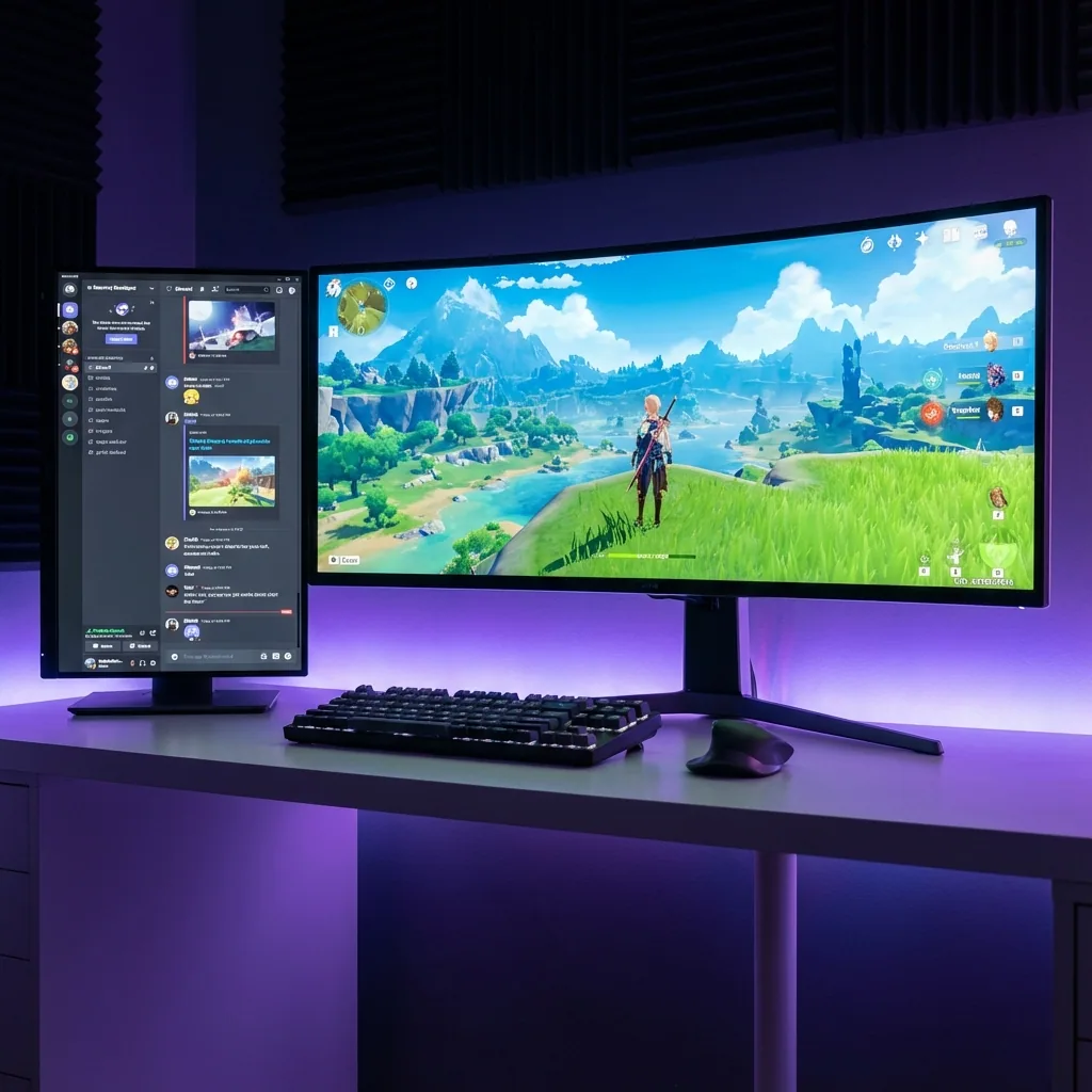 Gaming setup showing Discord visible in side zone while game runs in fullscreen