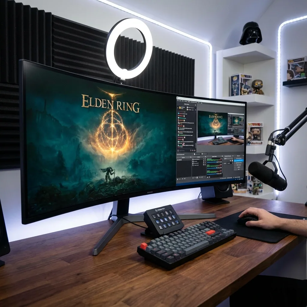 Setup de streaming num monitor único com jogo, OBS e chat visíveis em zonas dedicadas