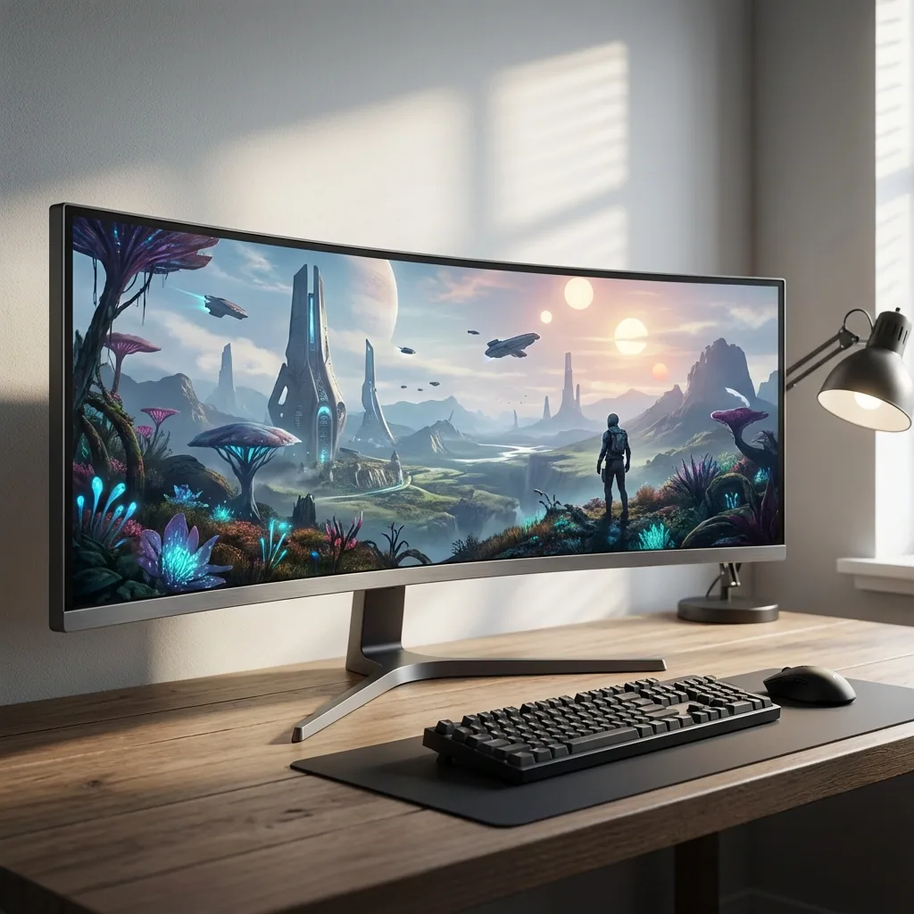 Monitor gamer ultrawide mostrando jogo imersivo com Discord e OBS visíveis nas zonas laterais